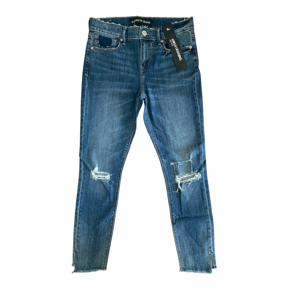 NWT Express Mid-Rise Ankle Legging Jeans - Distressed Blue + Vented Hem Size 6
